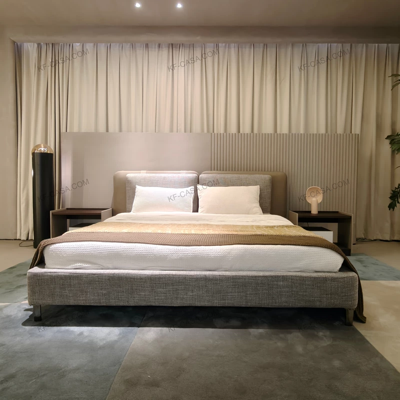 Dual-Material Upholstered Bed with Beige Leather & Grey Fabric Headboard & Low-Profile Base
